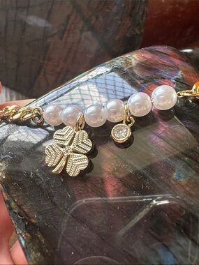 Gold and White Pearl Clover Charm Bracelet
